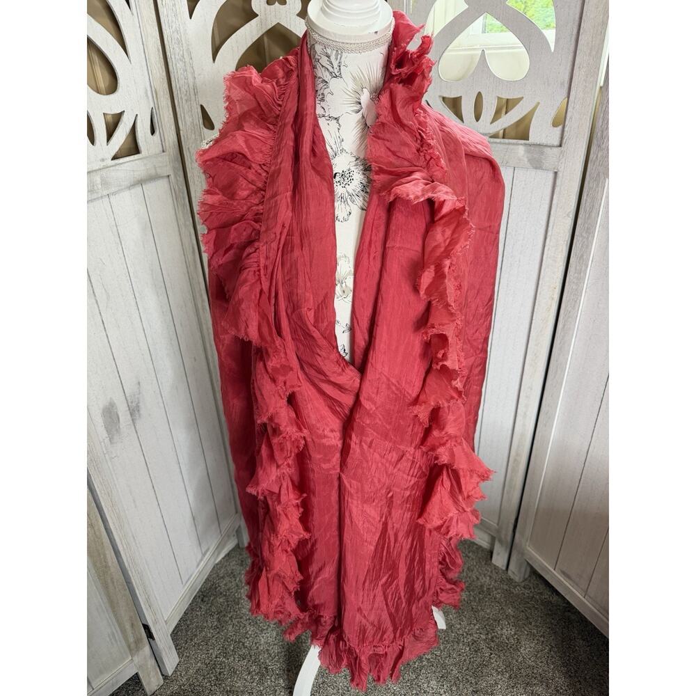Vintage Yellow Lotus Santa Monica Silk Shawl Scarf Ruffled Pink Red